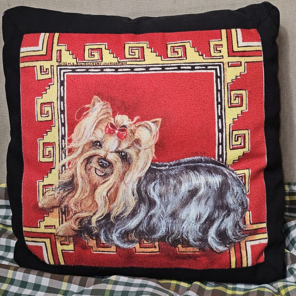 Yorkie Throw Pillow Sofa Decor Red Black Gold Meander Pattern Cute Glam Adorable